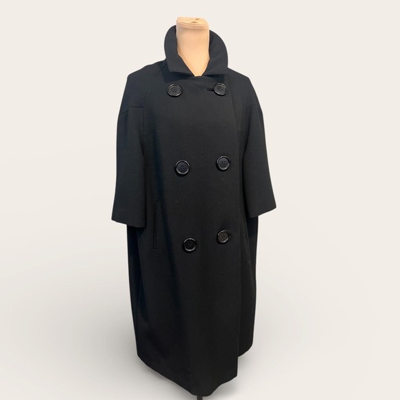 Rosewin Jackets & Blazers - VTG 60s Union Made Black Double Breasted Crepe Wool Cocoon Coat Bracelet Sleeves
